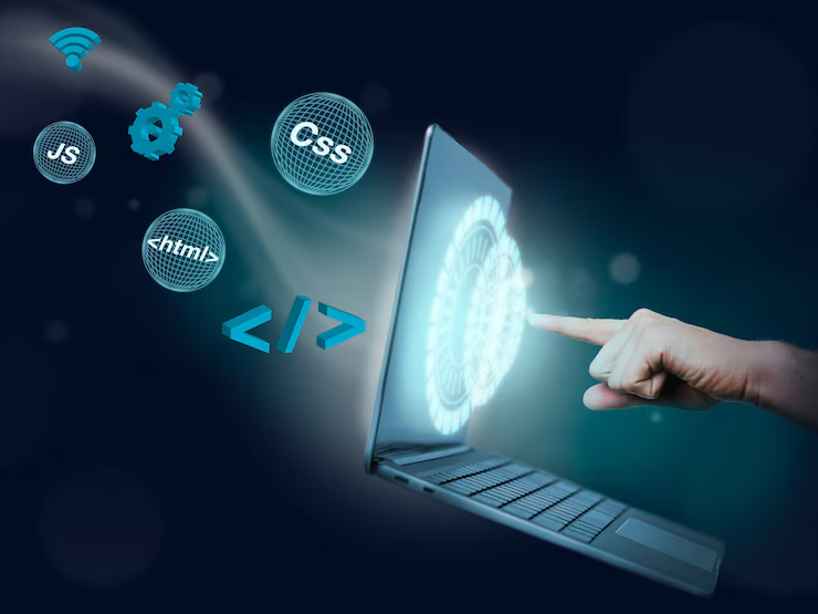 TechUp engineer monitoring application performance on laptop